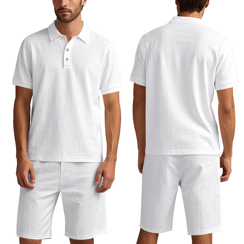 Men's Clothing Sets Two-Piece Outfits Summer Men's Loose Casual Linen Breathable Polo Shirt Short Sleeved Beach Shorts Set