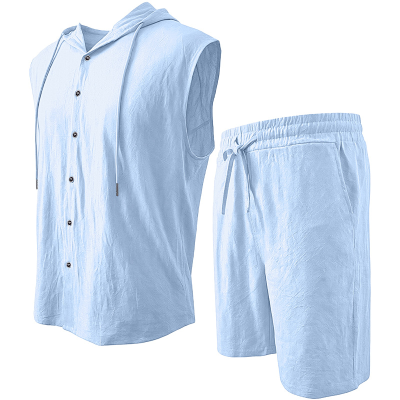 Men's Clothing Clothing Sets Two-Piece Outfits Men's Linen Hooded Sleeveless Solid Color Button Placket Large Loose Breathable Summer Sports Set