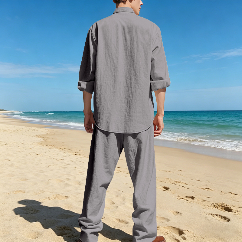 Men's Clothing Sets Two-Piece Outfits Men's Linen Stand-Up Collar Loose Breathable Shirt Pants Set for Casual Commuting