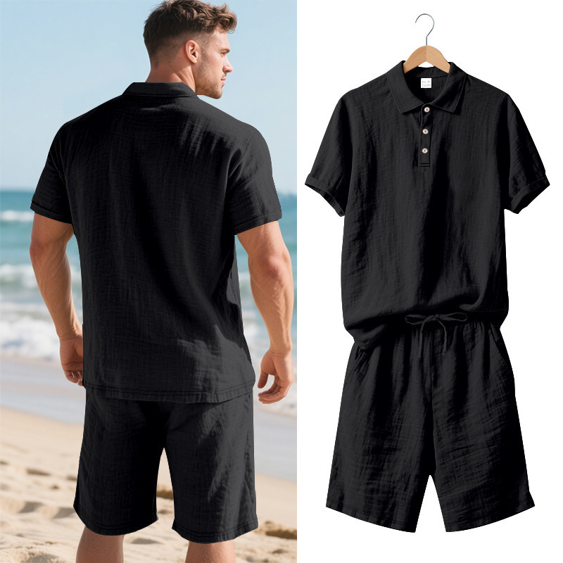 Men's Clothing Sets Two-Piece Outfits Summer Men's Loose Casual Linen Breathable Polo Shirt Short Sleeved Beach Shorts Set