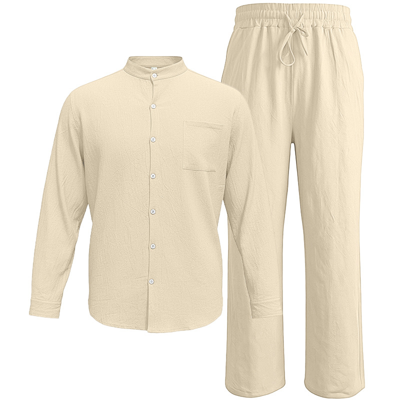 Men's Clothing Sets Two-Piece Outfits Men's Linen Stand-Up Collar Loose Breathable Shirt Pants Set for Casual Commuting