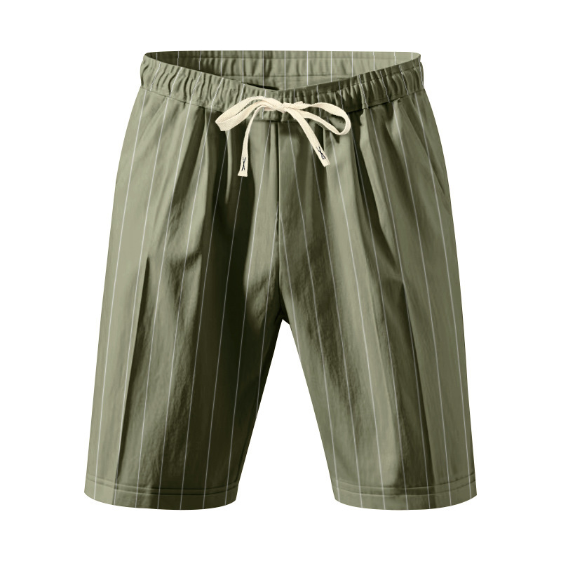 Summer Men's Striped Solid-Color Drawstring Elastic Waist Straight Casual Mid-length Pants Shorts for Men