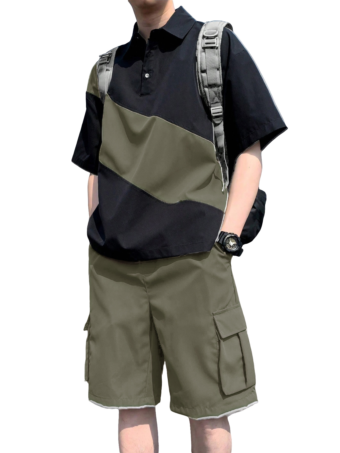Men's Clothing Sets Two-Piece Outfits Men's Spring Summer Color Block Patchwork Lapel Short Sleeve Shorts Loose Sportswear Large Size Set