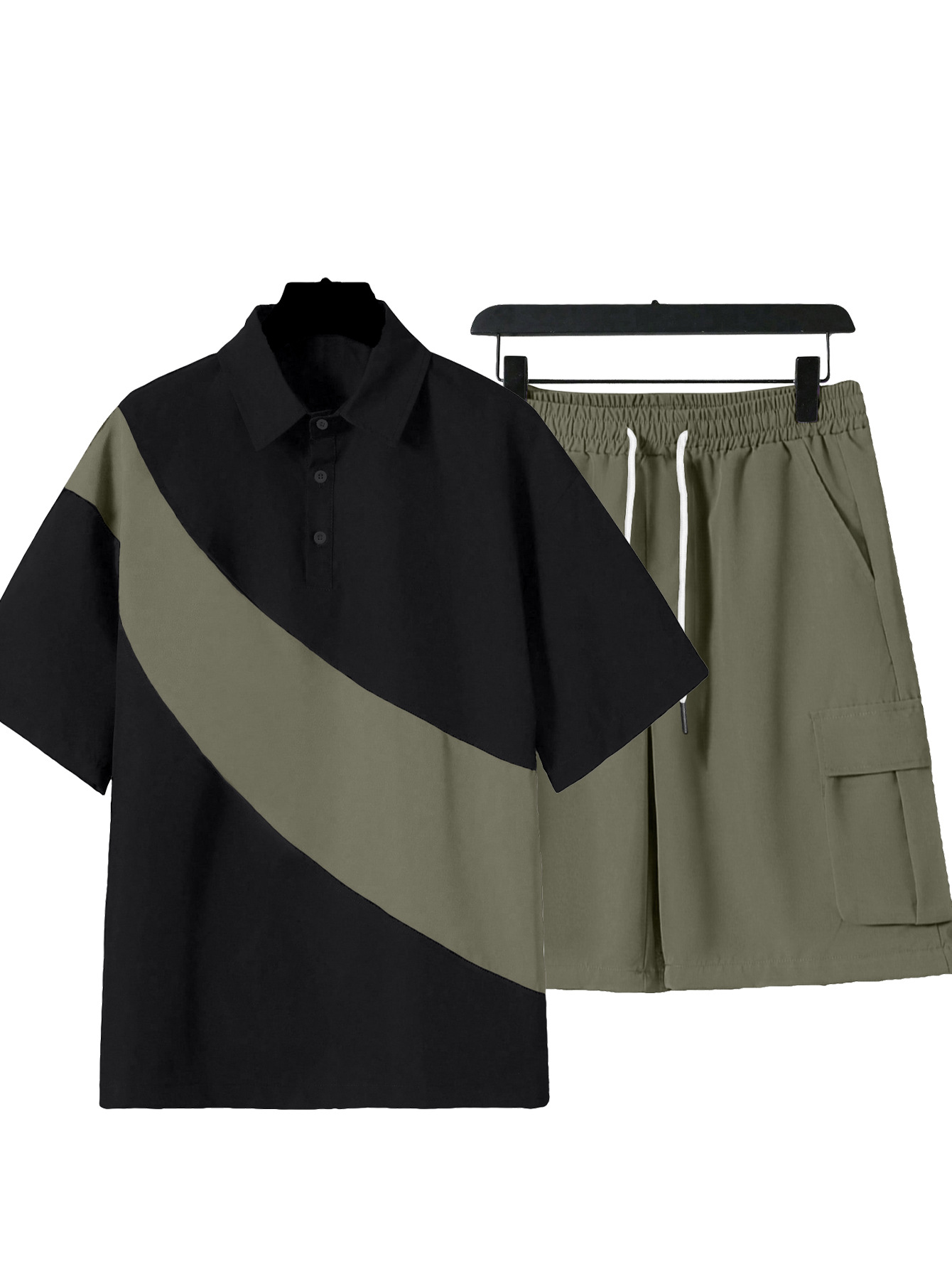 Men's Clothing Sets Two-Piece Outfits Men's Spring Summer Color Block Patchwork Lapel Short Sleeve Shorts Loose Sportswear Large Size Set