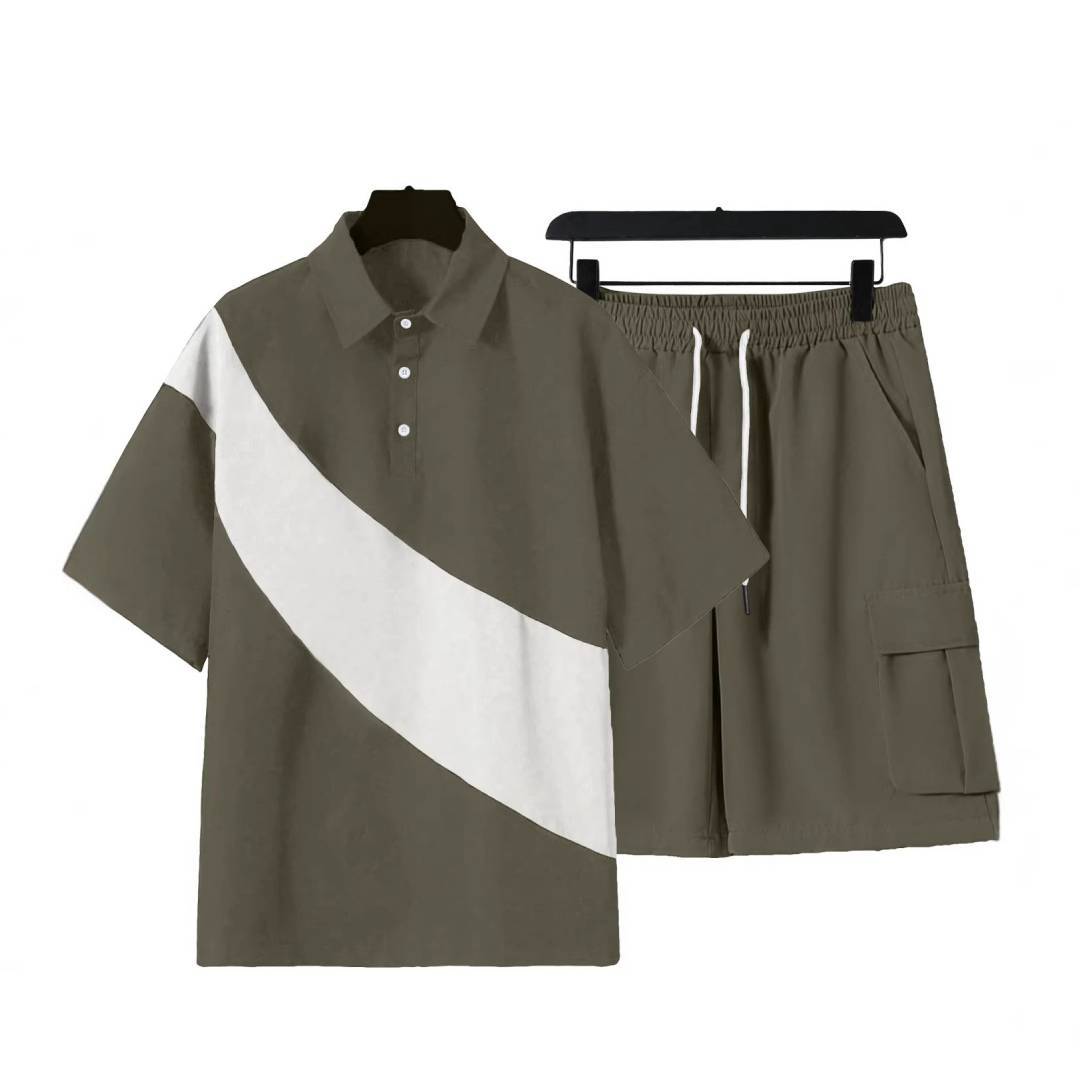 Men's Clothing Sets Two-Piece Outfits Men's Spring Summer Color Block Patchwork Lapel Short Sleeve Shorts Loose Sportswear Large Size Set
