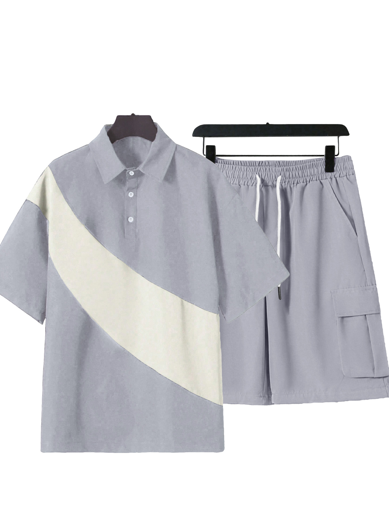 Men's Clothing Sets Two-Piece Outfits Men's Spring Summer Color Block Patchwork Lapel Short Sleeve Shorts Loose Sportswear Large Size Set