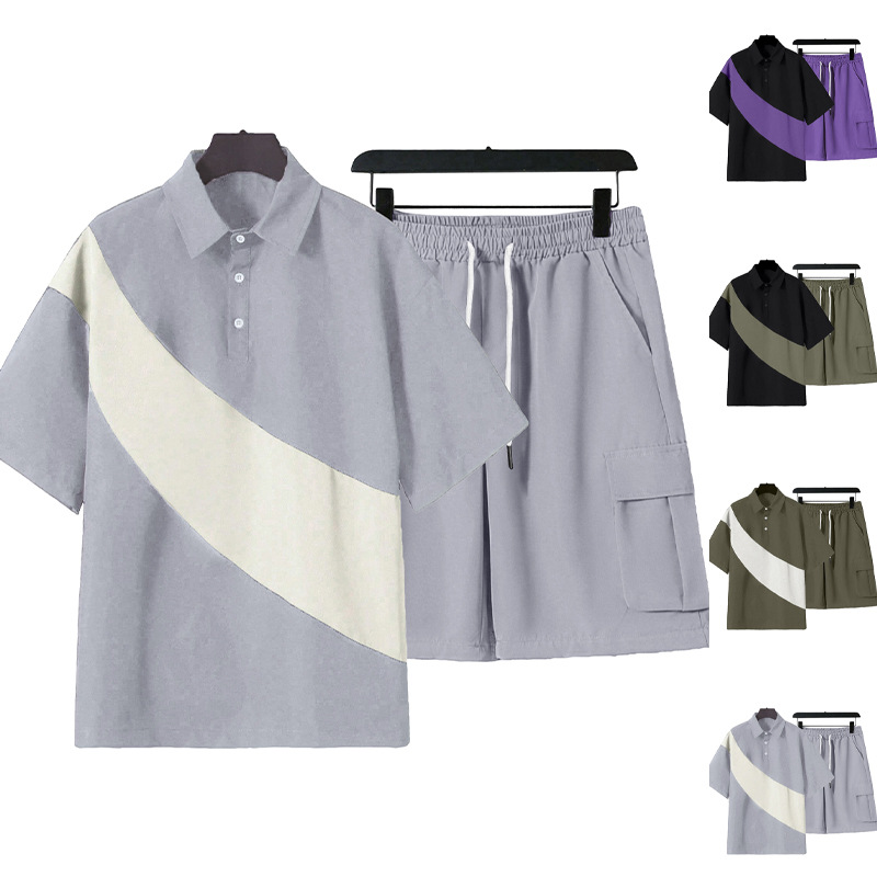 Men's Clothing Sets Two-Piece Outfits Men's Spring Summer Color Block Patchwork Lapel Short Sleeve Shorts Loose Sportswear Large Size Set