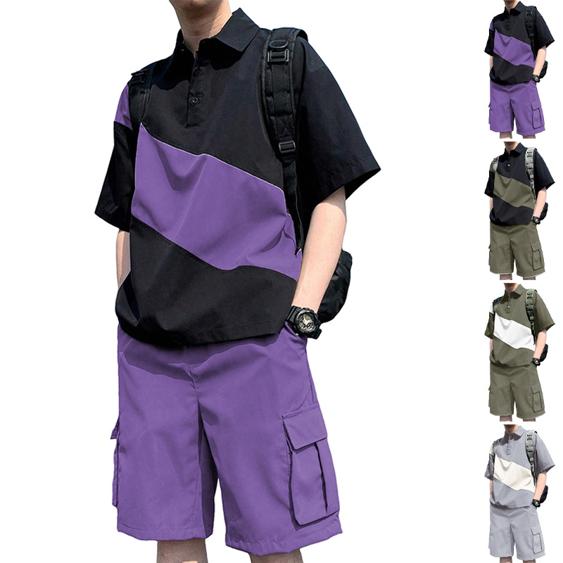 Men's Clothing Sets Two-Piece Outfits Men's Spring Summer Color Block Patchwork Lapel Short Sleeve Shorts Loose Sportswear Large Size Set
