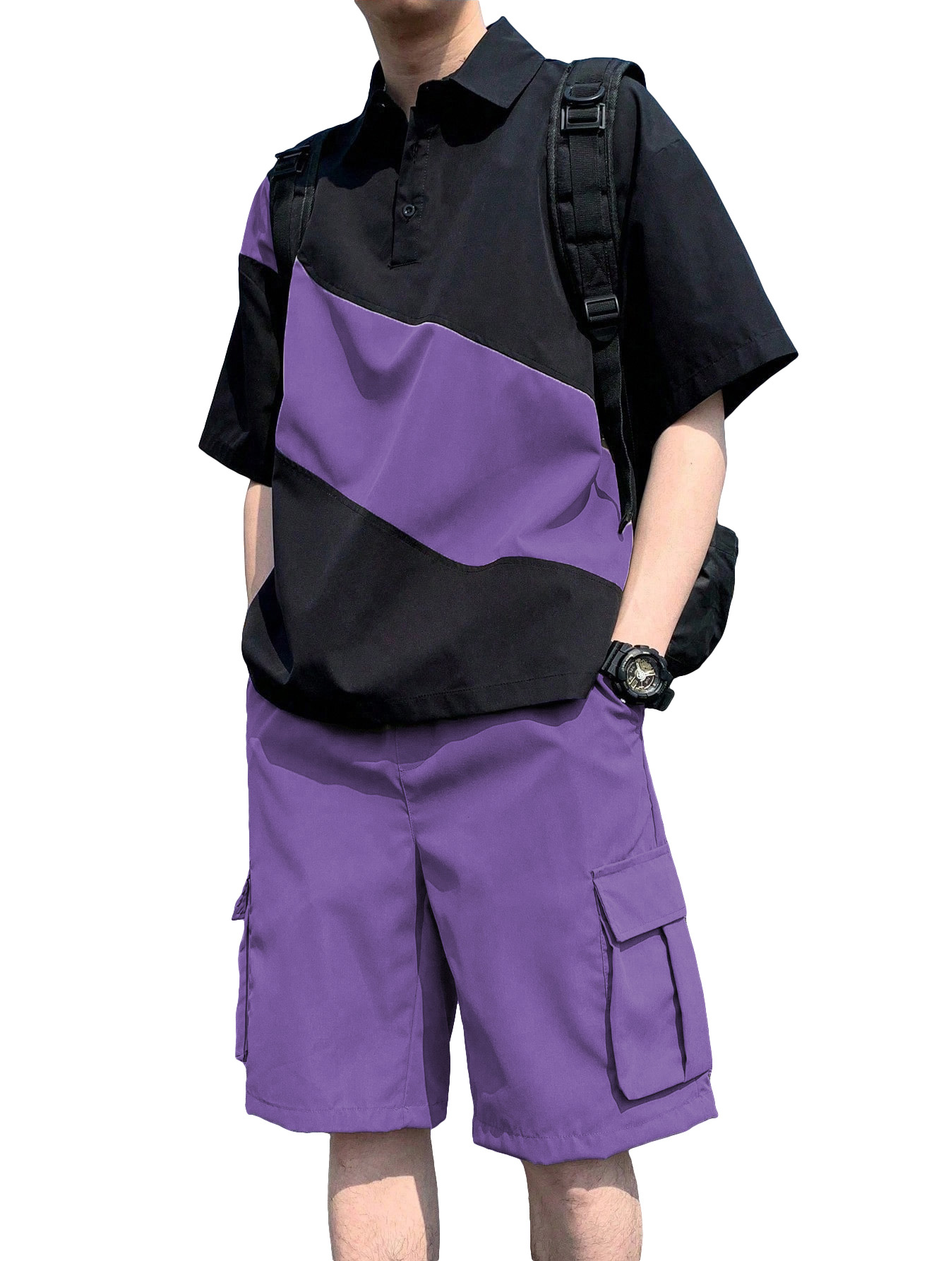 Men's Clothing Sets Two-Piece Outfits Men's Spring Summer Color Block Patchwork Lapel Short Sleeve Shorts Loose Sportswear Large Size Set