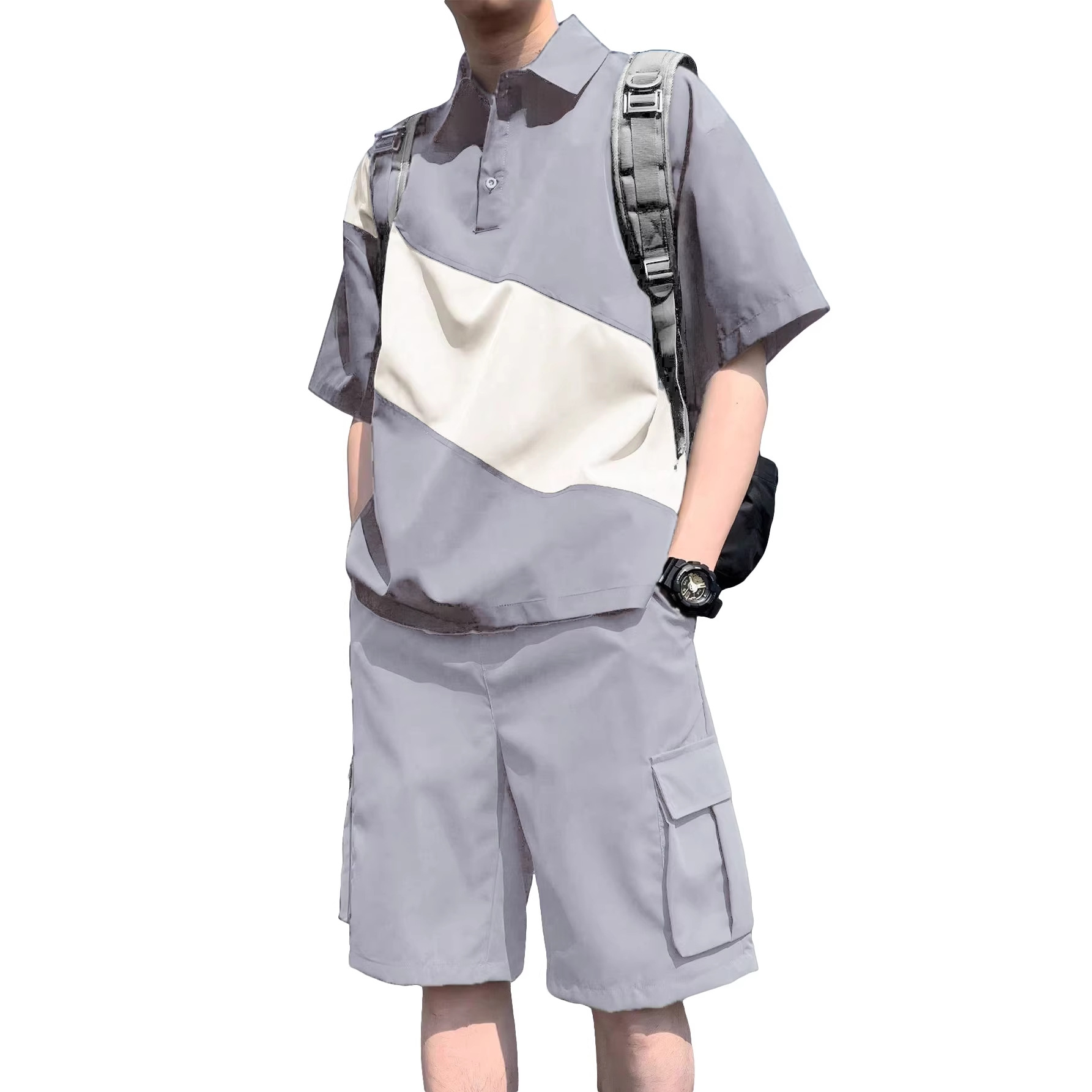 Men's Clothing Sets Two-Piece Outfits Men's Spring Summer Color Block Patchwork Lapel Short Sleeve Shorts Loose Sportswear Large Size Set