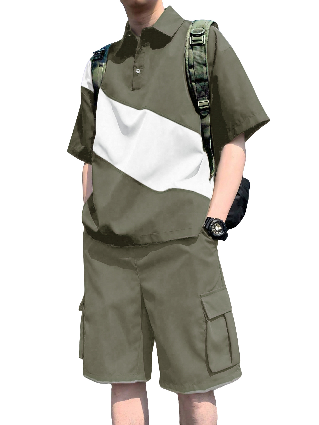 Men's Clothing Sets Two-Piece Outfits Men's Spring Summer Color Block Patchwork Lapel Short Sleeve Shorts Loose Sportswear Large Size Set