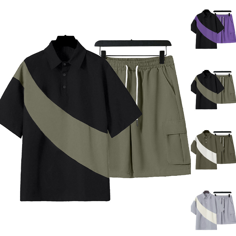 Men's Clothing Sets Two-Piece Outfits Men's Spring Summer Color Block Patchwork Lapel Short Sleeve Shorts Loose Sportswear Large Size Set