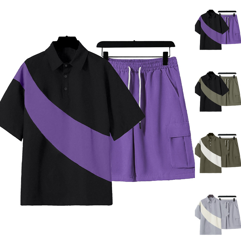 Men's Clothing Sets Two-Piece Outfits Men's Spring Summer Color Block Patchwork Lapel Short Sleeve Shorts Loose Sportswear Large Size Set