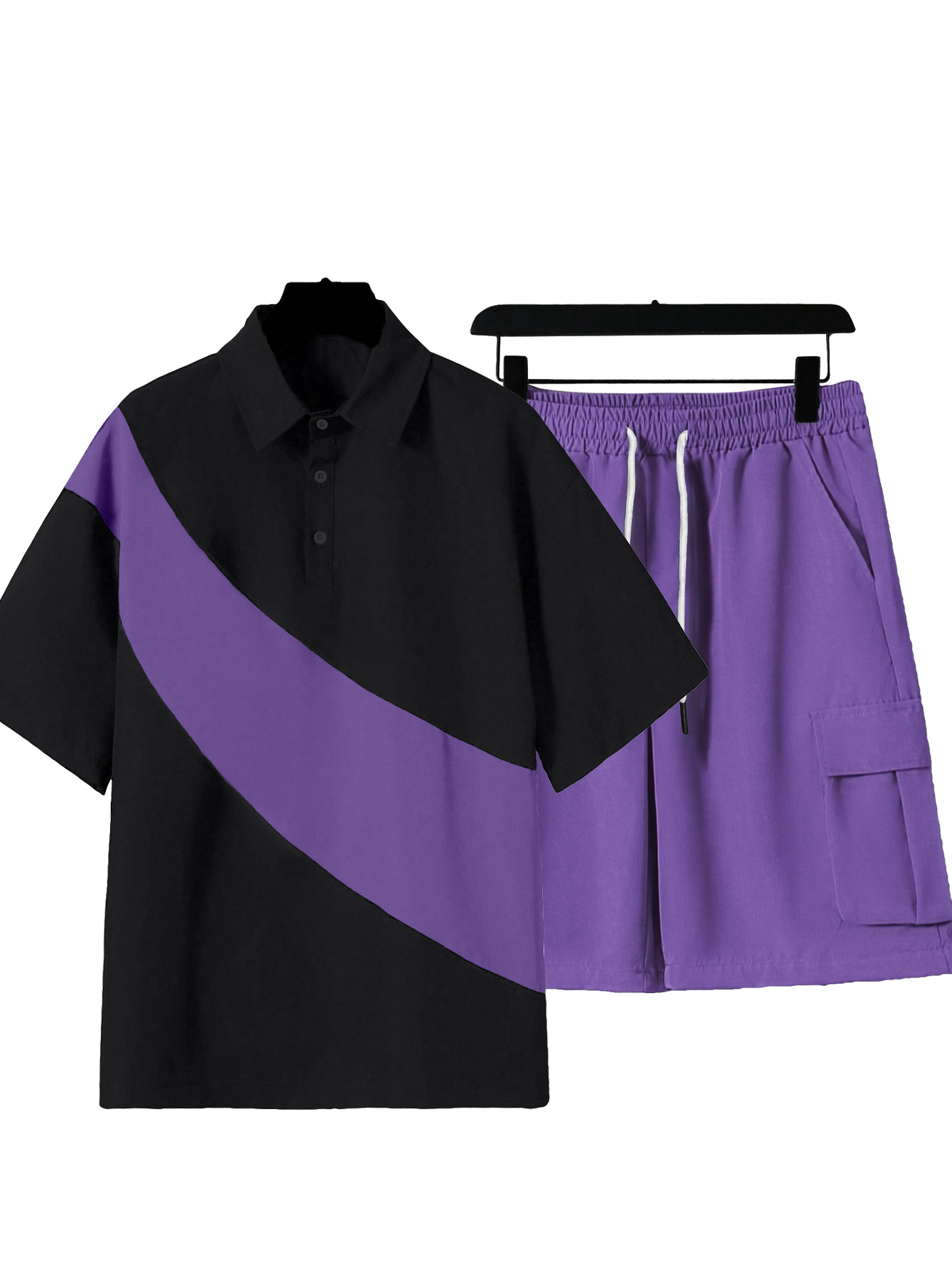 Men's Clothing Sets Two-Piece Outfits Men's Spring Summer Color Block Patchwork Lapel Short Sleeve Shorts Loose Sportswear Large Size Set