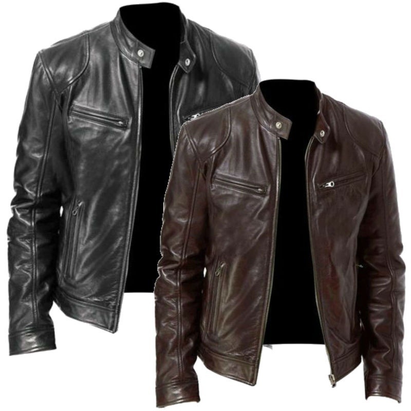 Men's Clothing Tops Jackets Coats Autumn Winter Business Gentleman Zipper Cardigan Pocket Decoration PU Leather Jacket Stand Collar Slim Zipper Leather Jacket