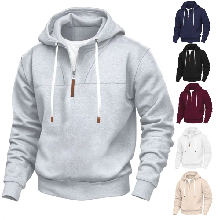 Men's Clothing Tops Sweatshirts Hoodies Classic Men's Fleece-Lined Half-Zip Trendy Hooded Double-Panel Overlap Long Sleeve Loose Oversized Couple Sweatshirt