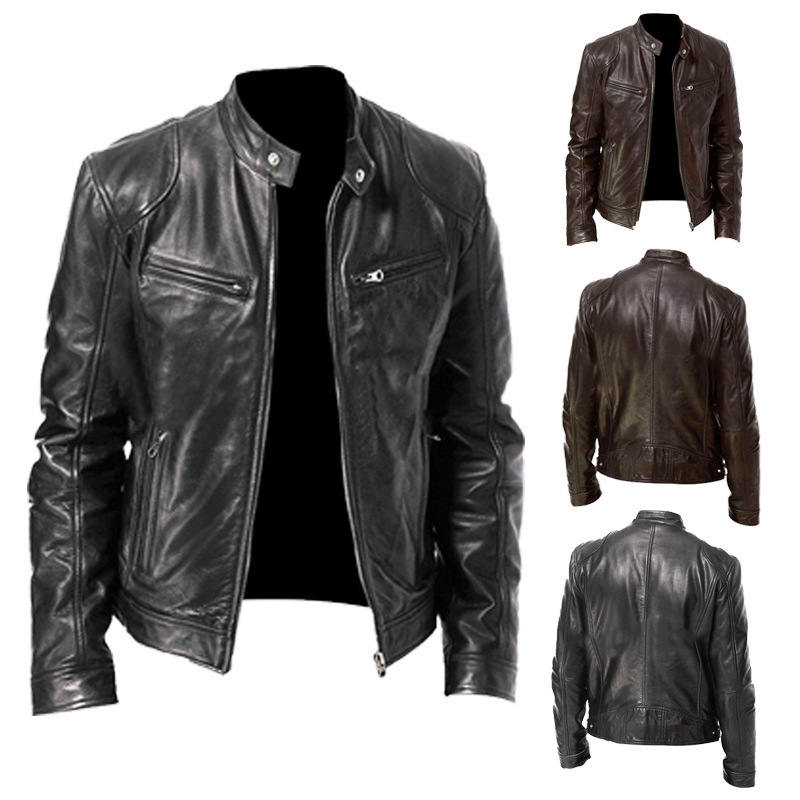 Men's Clothing Tops Jackets Coats Autumn Winter Business Gentleman Zipper Cardigan Pocket Decoration PU Leather Jacket Stand Collar Slim Zipper Leather Jacket