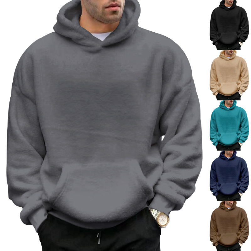 Men's Clothing Tops Sweatshirts Hoodies Autumn Winter New Double-Sided Fleece Youth Hooded Sweatshirt Men's Lambhair Winter Pullover