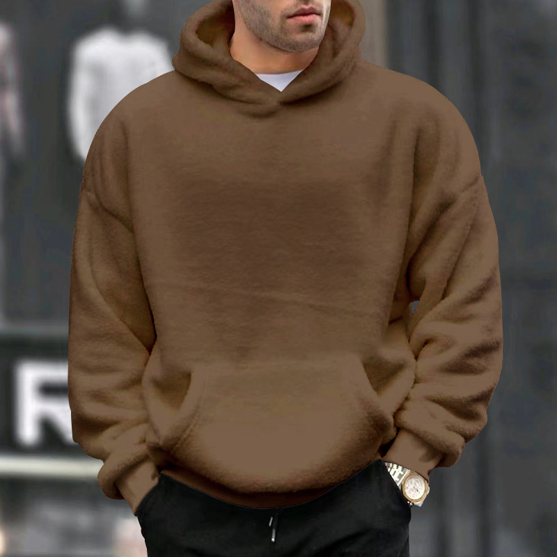 Men's Clothing Tops Sweatshirts Hoodies Autumn Winter New Double-Sided Fleece Youth Hooded Sweatshirt Men's Lambhair Winter Pullover