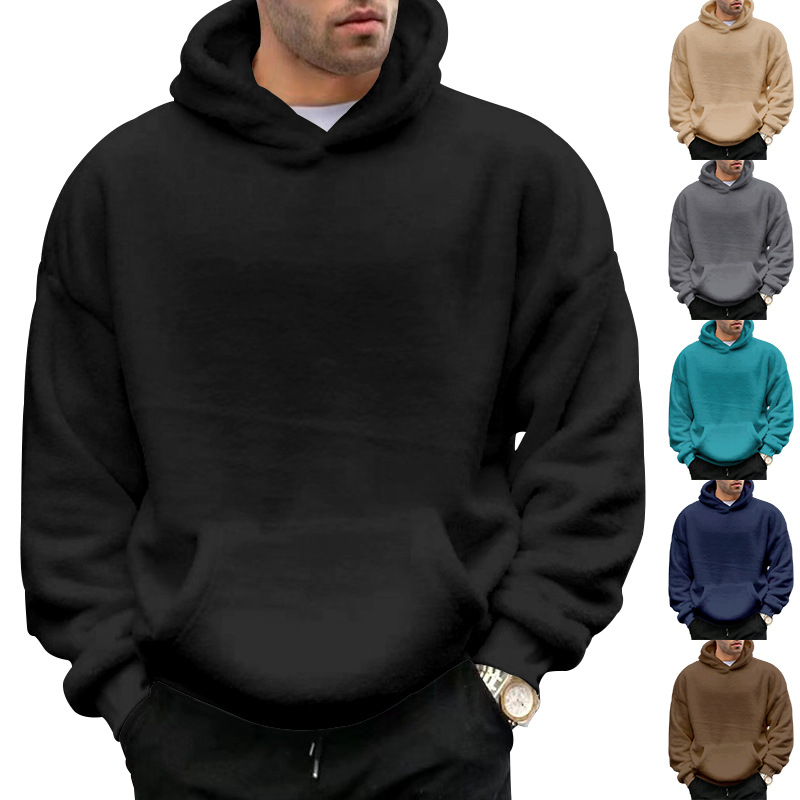Men's Clothing Tops Sweatshirts Hoodies Autumn Winter New Double-Sided Fleece Youth Hooded Sweatshirt Men's Lambhair Winter Pullover