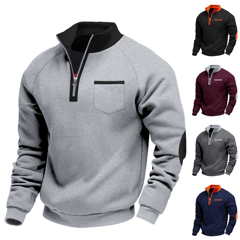 Men's Clothing Tops Sweatshirts American-Style Men's Heavyweight Insulated Zippered Sweatshirt with Patchwork for Personalized Casual Look