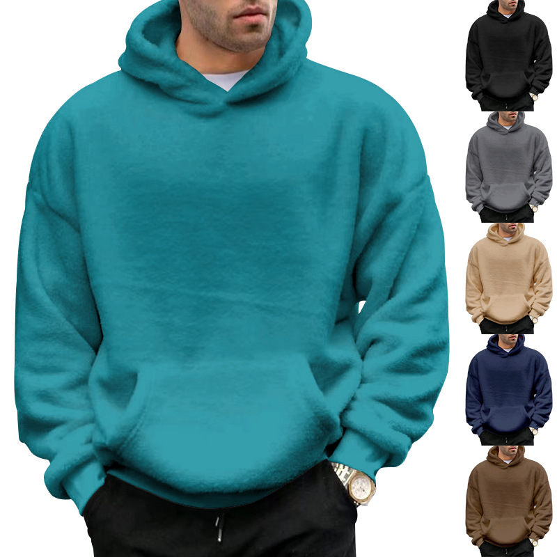 Men's Clothing Tops Sweatshirts Hoodies Autumn Winter New Double-Sided Fleece Youth Hooded Sweatshirt Men's Lambhair Winter Pullover