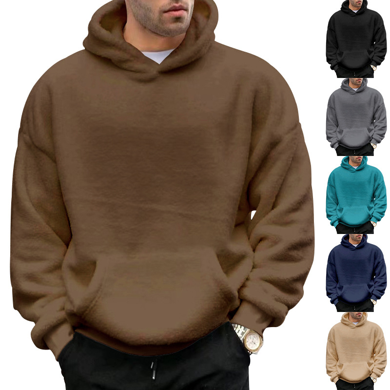 Men's Clothing Tops Sweatshirts Hoodies Autumn Winter New Double-Sided Fleece Youth Hooded Sweatshirt Men's Lambhair Winter Pullover