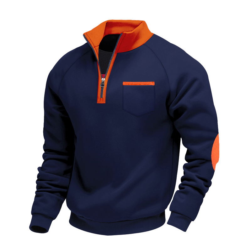Men's Clothing Tops Sweatshirts American-Style Men's Heavyweight Insulated Zippered Sweatshirt with Patchwork for Personalized Casual Look