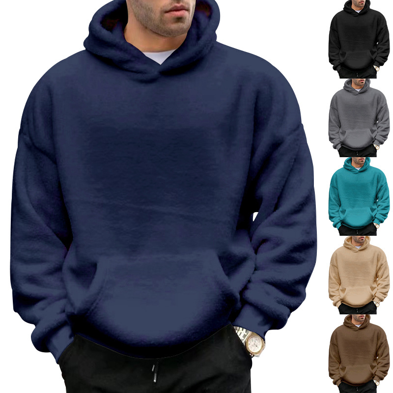 Men's Clothing Tops Sweatshirts Hoodies Autumn Winter New Double-Sided Fleece Youth Hooded Sweatshirt Men's Lambhair Winter Pullover