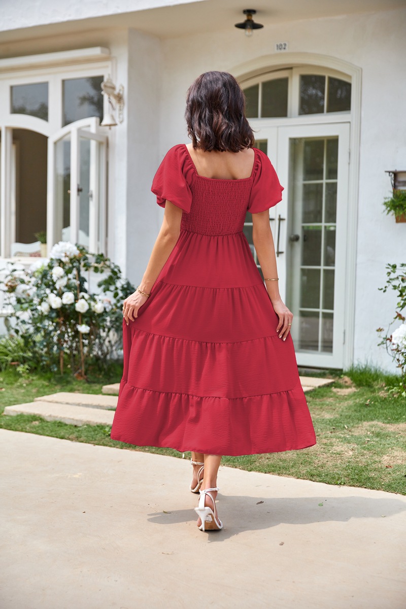 Women's Clothing Dresses Women's Square Neck Backless Bubble Sleeve Pleated Short Sleeved Dress