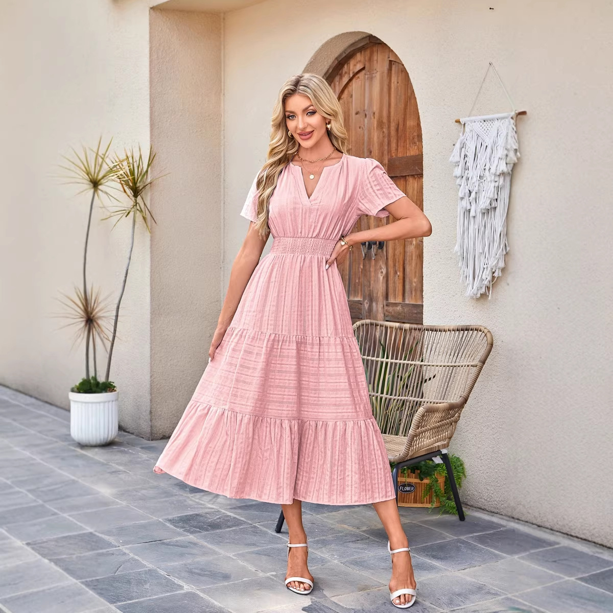Women's Clothing Dresses Women's V-Neck Pleated Bubble Sleeve Short Sleeved Dress with Large Swing