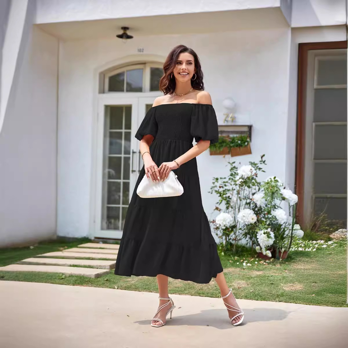 Women's Clothing Dresses Women's Square Neck Backless Bubble Sleeve Pleated Short Sleeved Dress
