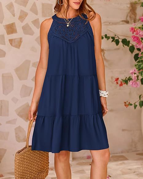 Women's Clothing Dresses Women's Spring Summer Hollow Lace Patchwork Hanging Neck A-Line Dress