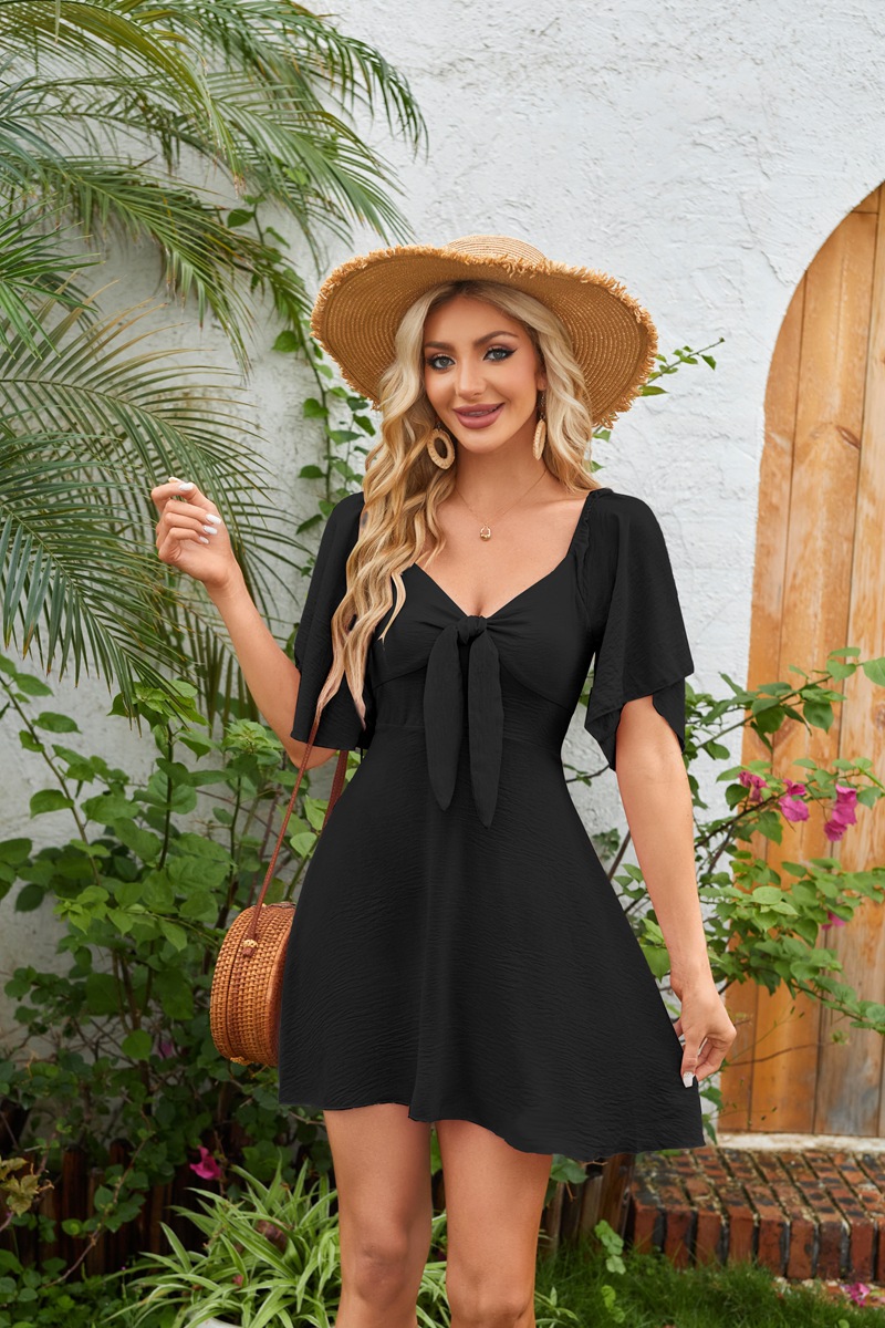 Women's Clothing Dresses Women's V-Neck Bow Tie Short Sleeved Mini Dress