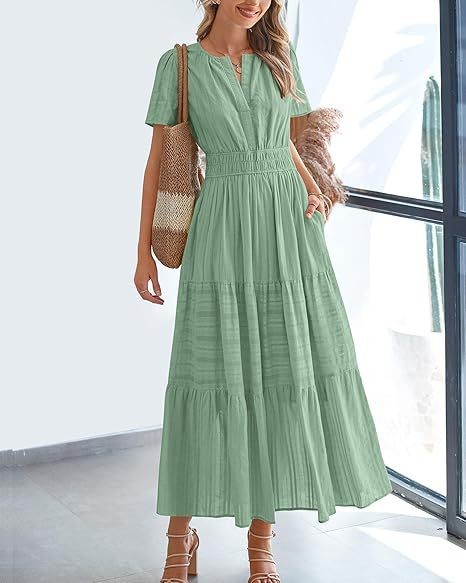 Women's Clothing Dresses Women's V-Neck Pleated Bubble Sleeve Short Sleeved Dress with Large Swing