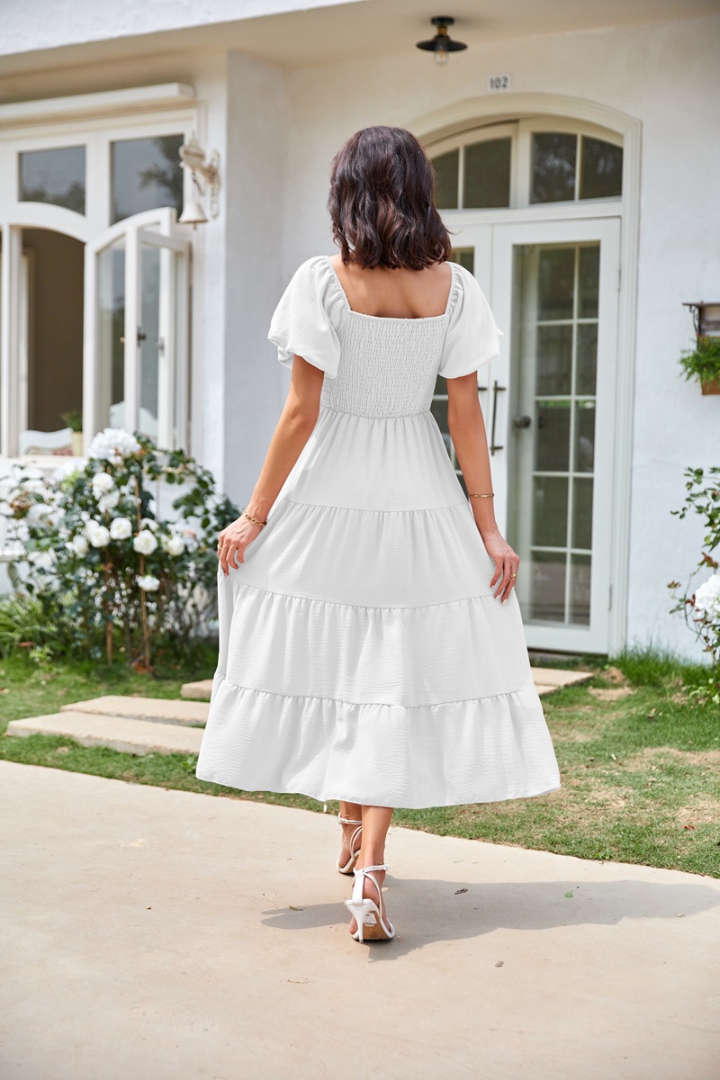 Women's Clothing Dresses Women's Square Neck Backless Bubble Sleeve Pleated Short Sleeved Dress