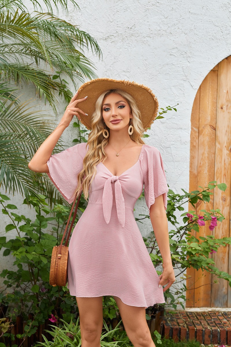 Women's Clothing Dresses Women's V-Neck Bow Tie Short Sleeved Mini Dress