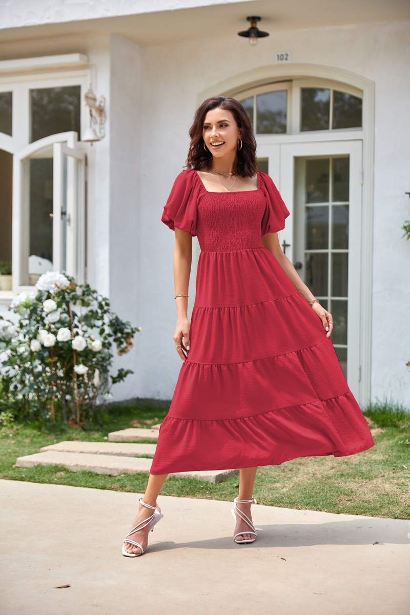 Women's Clothing Dresses Women's Square Neck Backless Bubble Sleeve Pleated Short Sleeved Dress