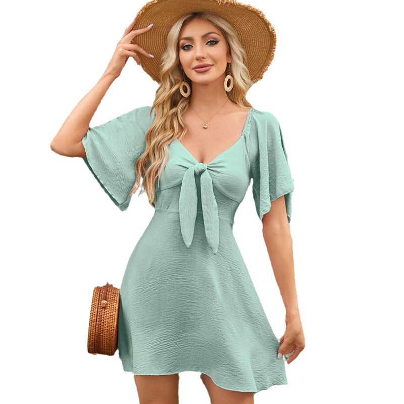Women's Clothing Dresses Women's V-Neck Bow Tie Short Sleeved Mini Dress