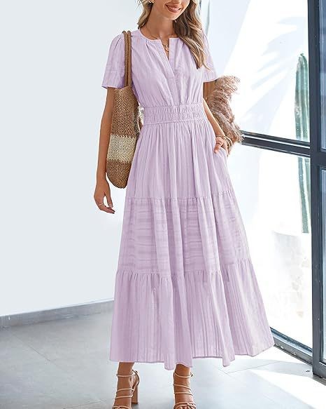 Women's Clothing Dresses Women's V-Neck Pleated Bubble Sleeve Short Sleeved Dress with Large Swing