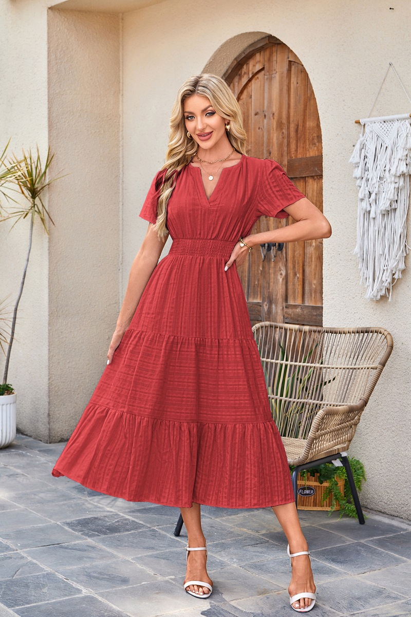 Women's Clothing Dresses Women's V-Neck Pleated Bubble Sleeve Short Sleeved Dress with Large Swing