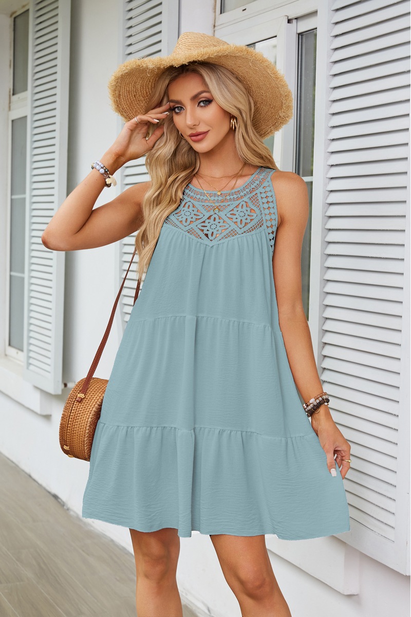 Women's Clothing Dresses Women's Spring Summer Hollow Lace Patchwork Hanging Neck A-Line Dress