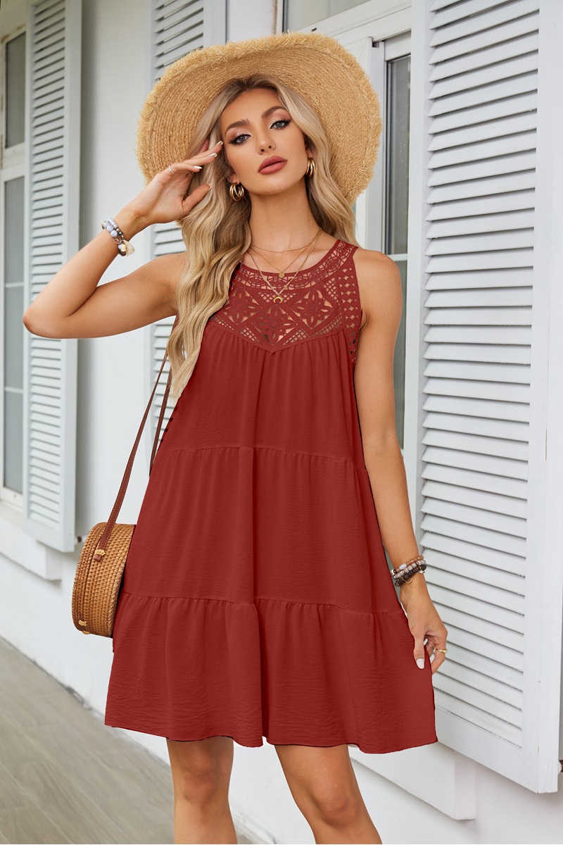 Women's Clothing Dresses Women's Spring Summer Hollow Lace Patchwork Hanging Neck A-Line Dress