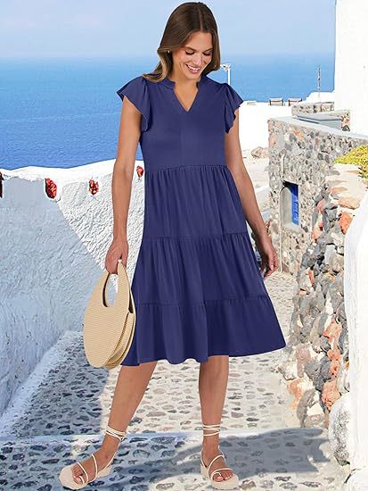 Women's Clothing Dresses Women's V-Neck Ruffle Sleeves Mid Length Patchwork Large Swing Pocket Dress