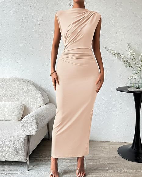 Women's Clothing Dresses Women's Spring Summer Sleeveless Back Slit Pleated Tight Dress