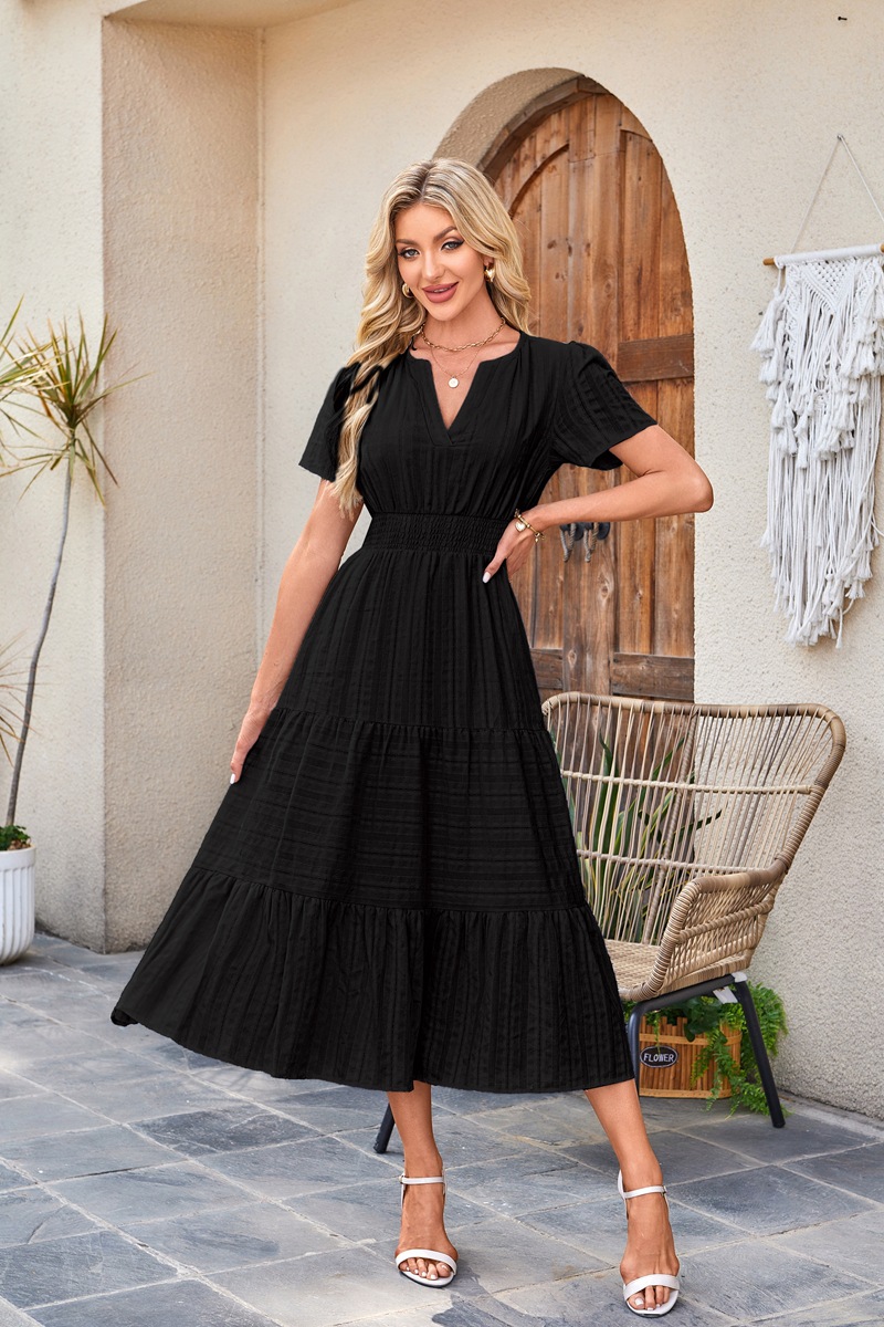 Women's Clothing Dresses Women's V-Neck Pleated Bubble Sleeve Short Sleeved Dress with Large Swing