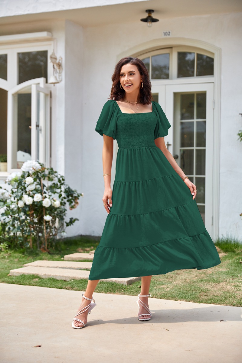 Women's Clothing Dresses Women's Square Neck Backless Bubble Sleeve Pleated Short Sleeved Dress