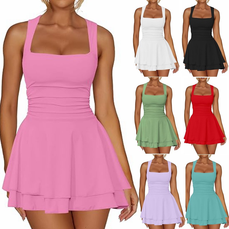 Women's Clothing Dresses Women's Square Neck Waist Pleated Hem Mini Short Dress