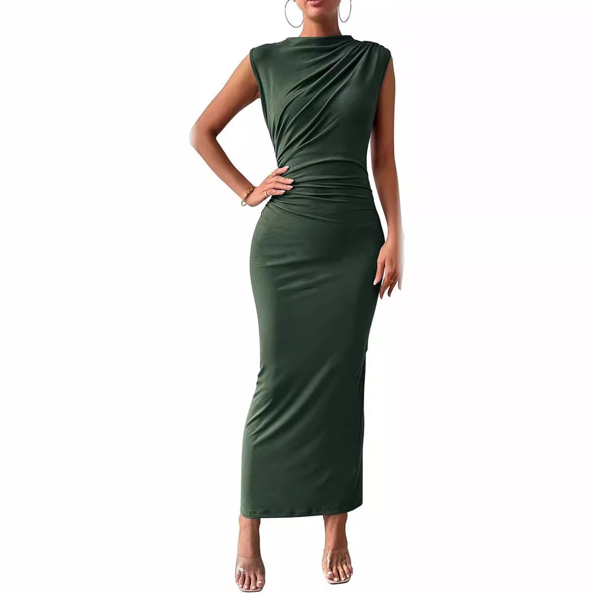 Women's Clothing Dresses Women's Spring Summer Sleeveless Back Slit Pleated Tight Dress