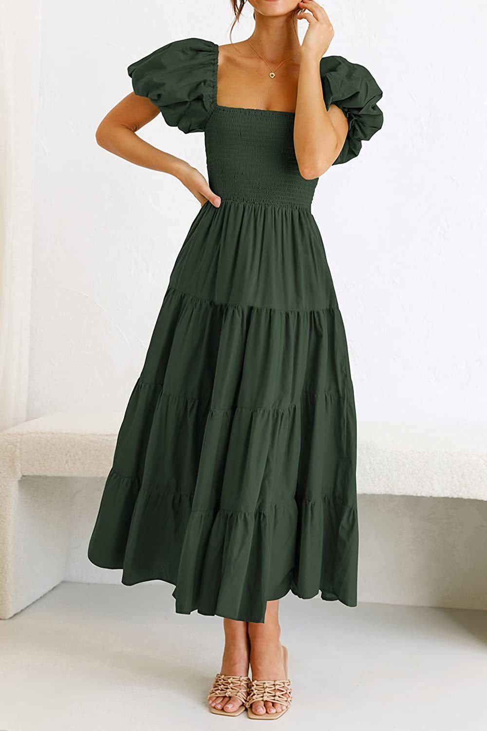 Women's Clothing Dresses Women's Square Neck Backless Bubble Sleeve Pleated Short Sleeved Dress